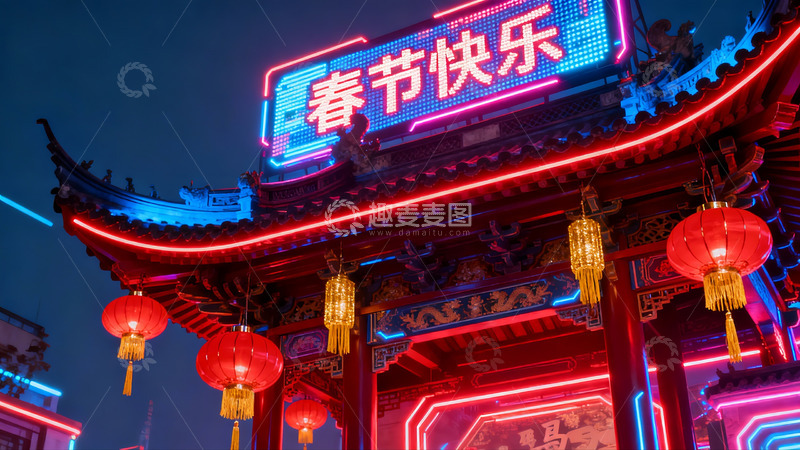 高清大图下载【趣麦麦图】春节夜景古建筑霓虹灯