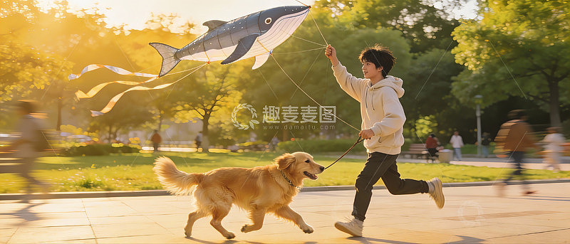 公园奔跑放鲸鱼风筝