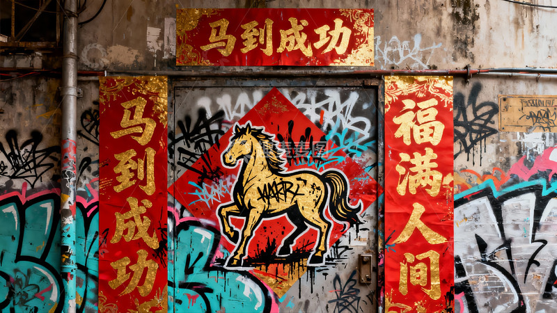 高清大图下载【趣麦麦图】街头涂鸦墙上的马年春联