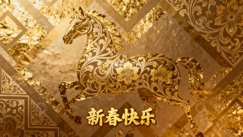 高清大图下载【趣麦麦图】金色骏马图案新春祝福画面