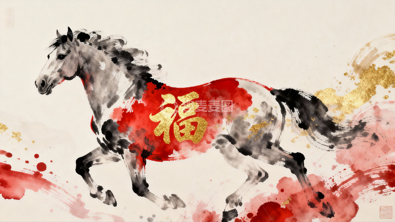 高清大图下载【趣麦麦图】水墨奔马福字图