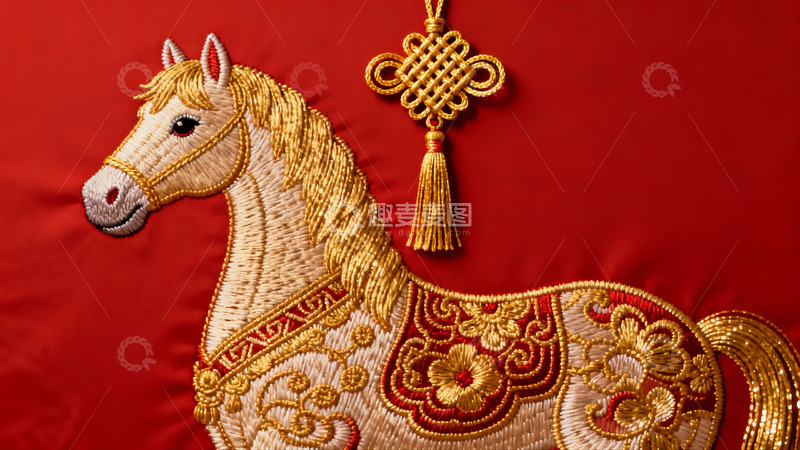 高清大图下载【趣麦麦图】红色背景上的金色马刺绣图案