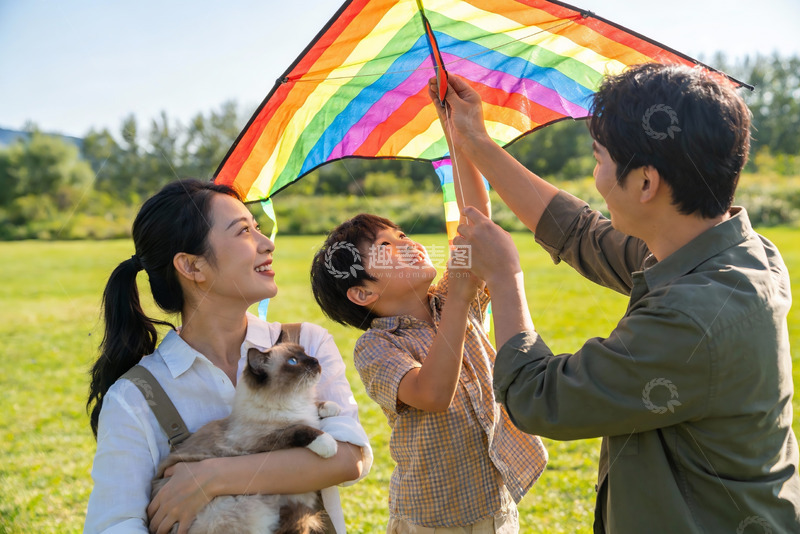 高清大图下载【趣麦麦图】家庭户外放风筝与宠物