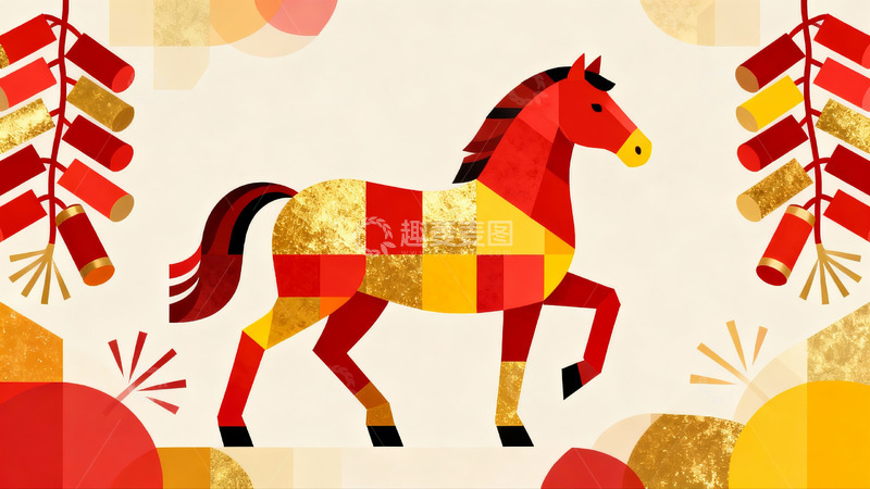 高清大图下载【趣麦麦图】红色几何马与烟花图案设计