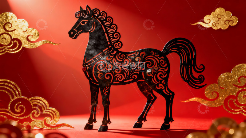 高清大图下载【趣麦麦图】红色背景下的金色剪纸马