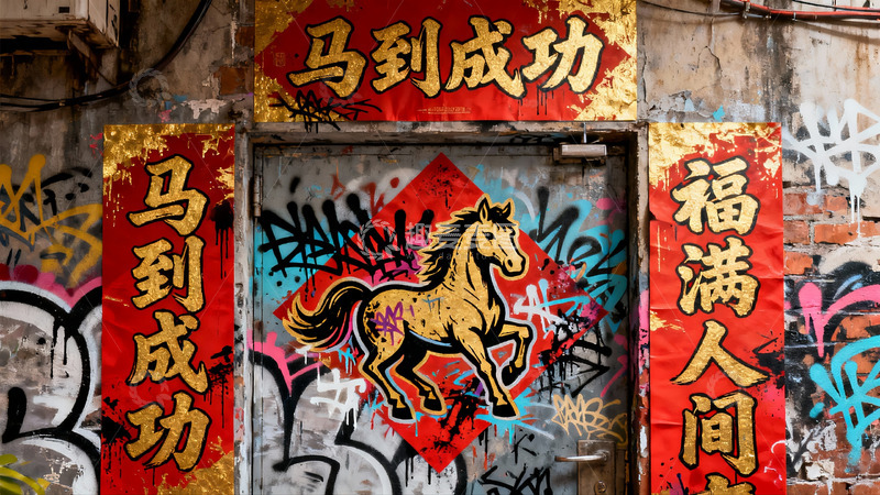 高清大图下载【趣麦麦图】街头涂鸦墙上的马年春联