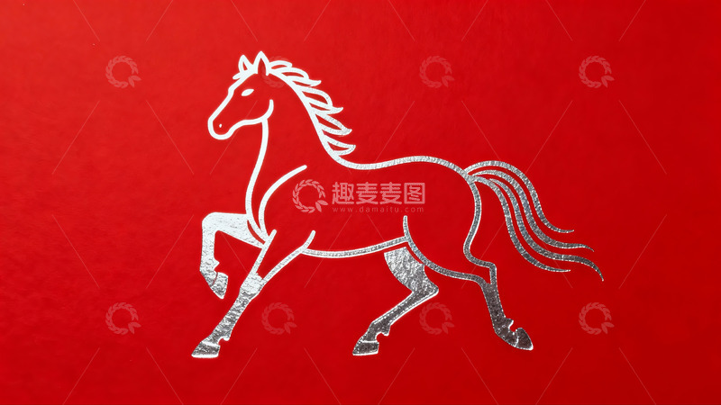 高清大图下载【趣麦麦图】红色背景上的银色奔马图案