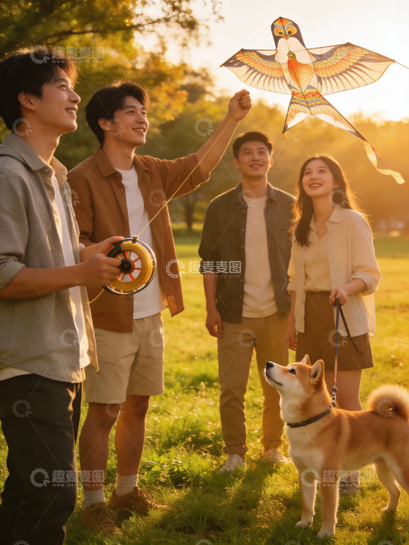 高清大图下载【趣麦麦图】四人户外放风筝与宠物狗