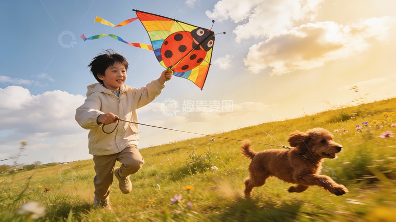 高清大图下载【趣麦麦图】小男孩户外放风筝遛狗