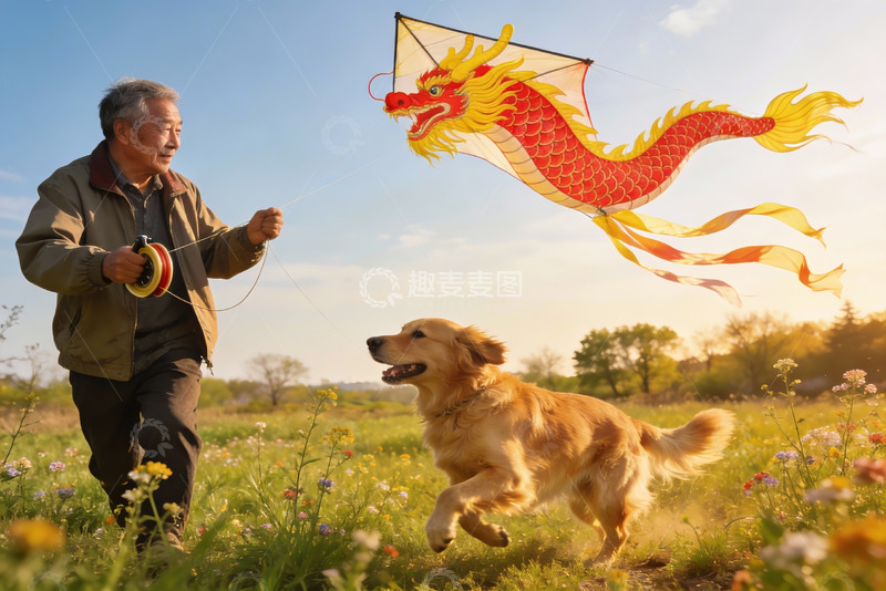 高清大图下载【趣麦麦图】老人放龙风筝与狗奔跑