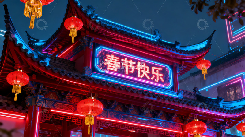 高清大图下载【趣麦麦图】夜色中霓虹灯下的传统建筑