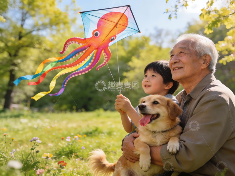 高清大图下载【趣麦麦图】祖孙放风筝与宠物狗同框