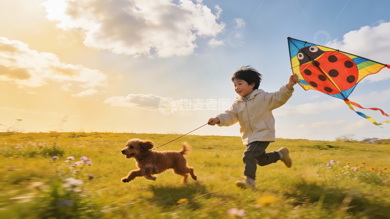 高清大图下载【趣麦麦图】孩童放飞蜻蜓风筝与宠物狗奔跑