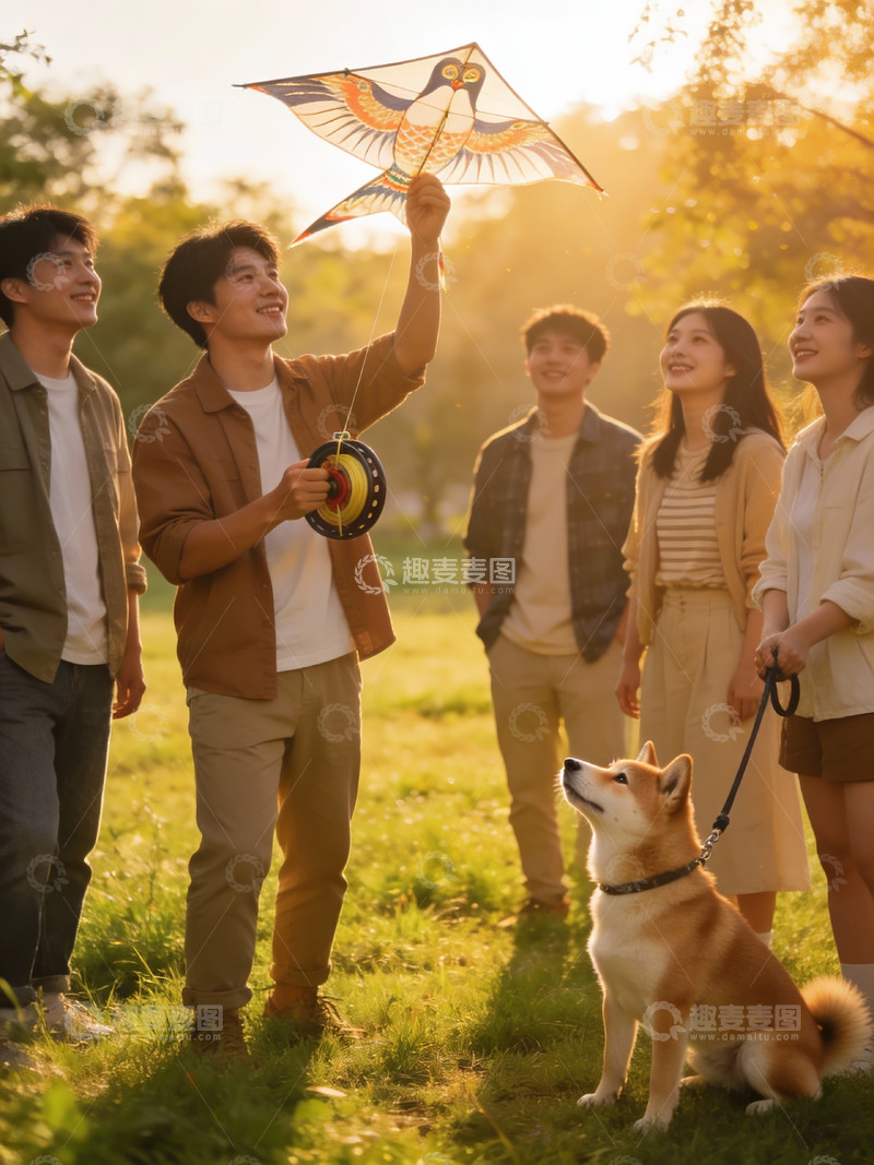 高清大图下载【趣麦麦图】青年户外放风筝与宠物狗
