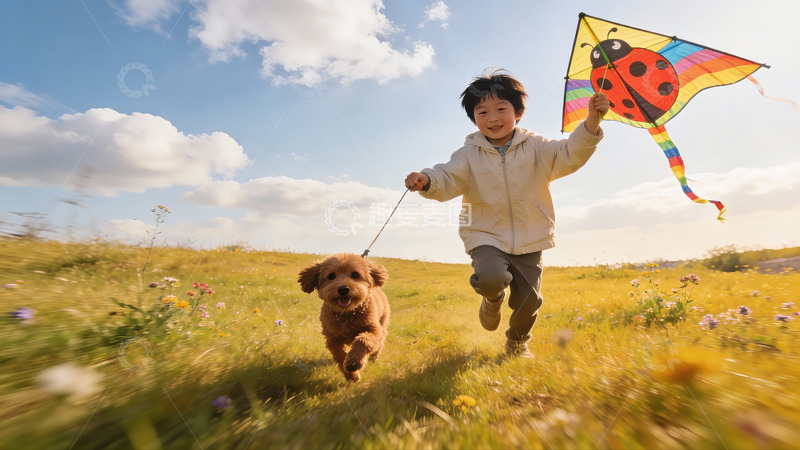 高清大图下载【趣麦麦图】小男孩放风筝遛狗