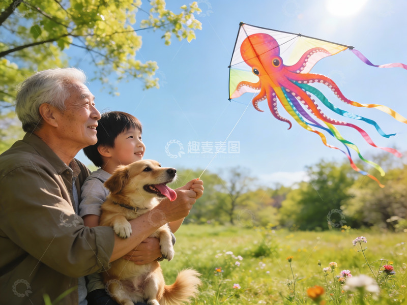 高清大图下载【趣麦麦图】祖孙户外放风筝与宠物狗