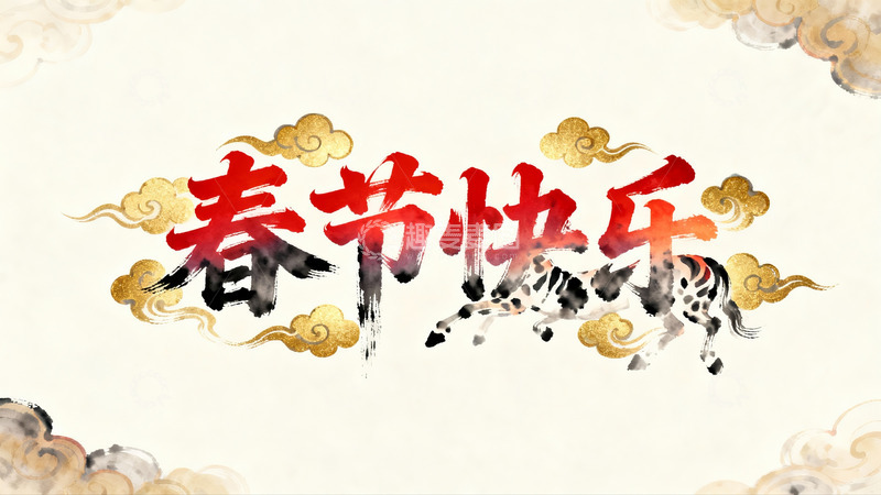 高清大图下载【趣麦麦图】春节快乐水墨画马年祝福