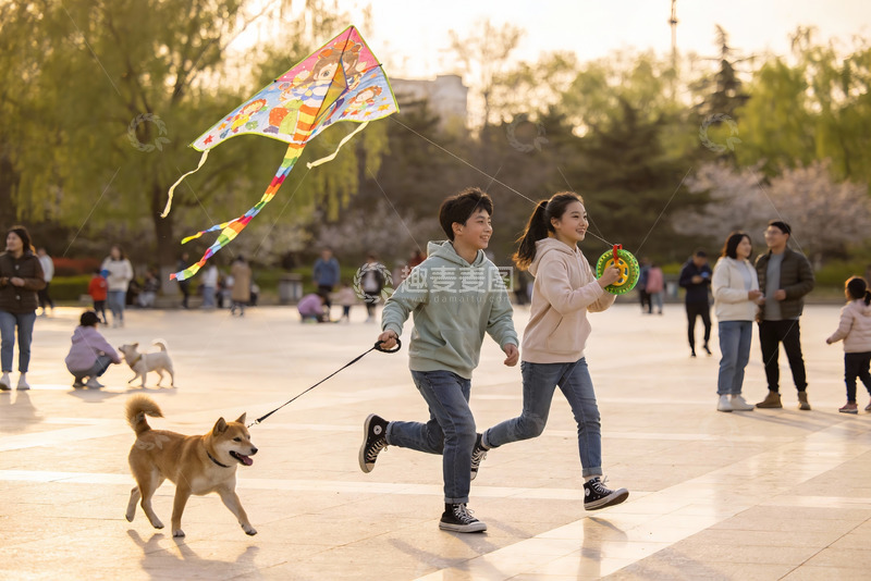 高清大图下载【趣麦麦图】公园放风筝遛狗欢乐场景