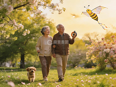 老年夫妇公园放风筝遛狗