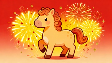 卡通马烟花背景节日插画