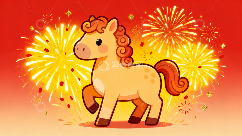高清大图下载【趣麦麦图】卡通马烟花背景节日插画