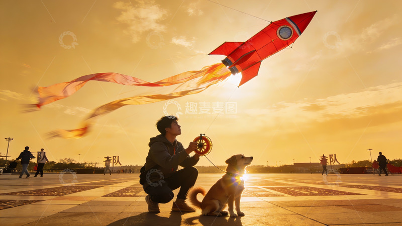 高清大图下载【趣麦麦图】男子与爱犬放飞火箭风筝