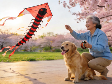 老人与金毛犬放风筝赏樱花