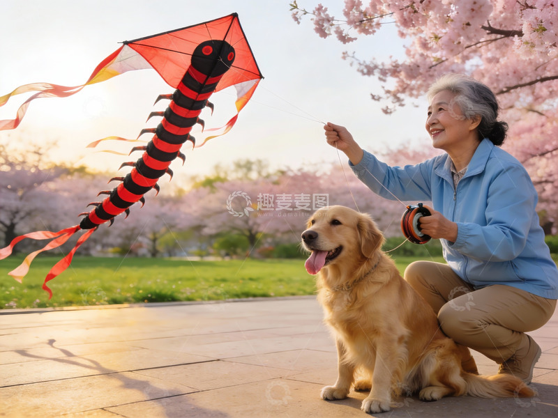 高清大图下载【趣麦麦图】老人与金毛犬放风筝赏樱花