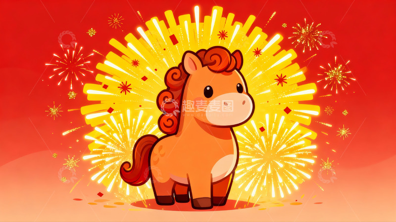 高清大图下载【趣麦麦图】卡通马匹烟花背景新年主题