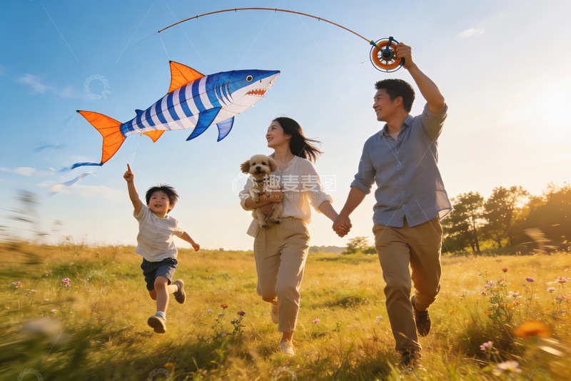 高清大图下载【趣麦麦图】一家三口户外放风筝