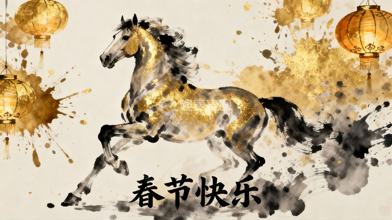 高清大图下载【趣麦麦图】水墨骏马灯笼迎春图