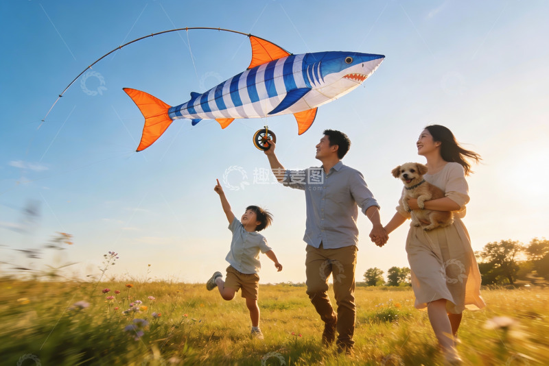 高清大图下载【趣麦麦图】家庭户外放风筝欢乐场景