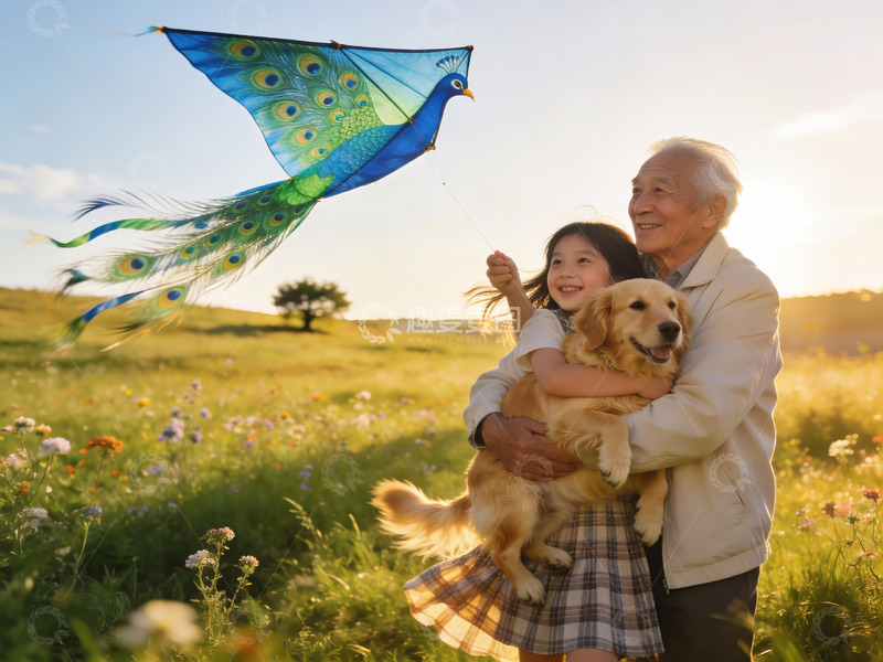 高清大图下载【趣麦麦图】祖孙放风筝与宠物狗户外欢乐