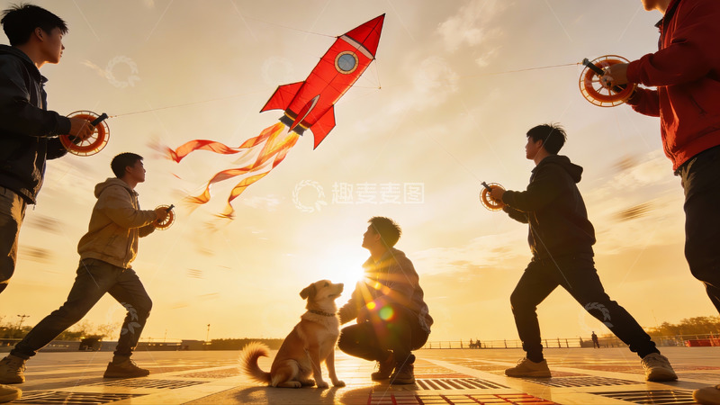 高清大图下载【趣麦麦图】夕阳下放飞火箭风筝的欢乐时光