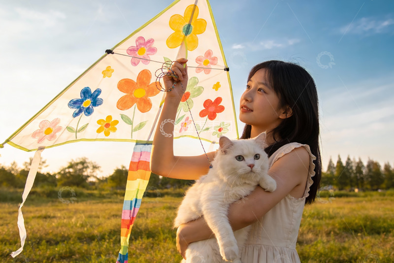 高清大图下载【趣麦麦图】少女草地放风筝抱白猫