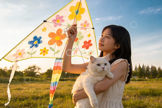 少女草地放风筝抱白猫