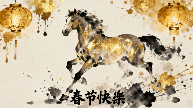 高清大图下载【趣麦麦图】水墨骏马灯笼迎春图