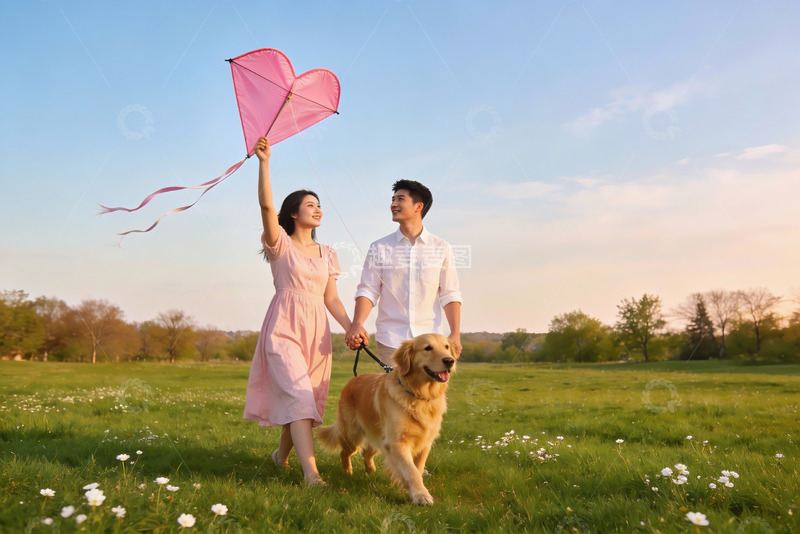 高清大图下载【趣麦麦图】情侣公园放风筝遛狗