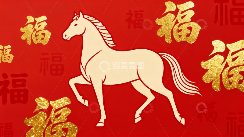 高清大图下载【趣麦麦图】红色背景上的金色马年图案