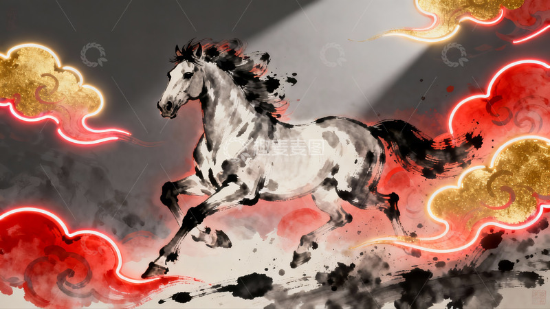 高清大图下载【趣麦麦图】奔腾骏马云霞环绕