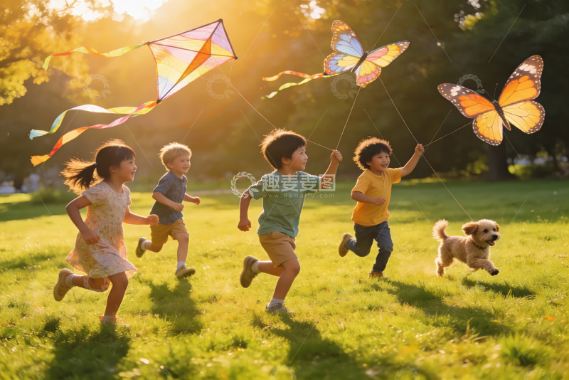 高清大图下载【趣麦麦图】孩子们户外放风筝与小狗奔跑
