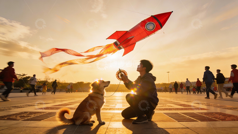 高清大图下载【趣麦麦图】夕阳下人与狗放火箭风筝