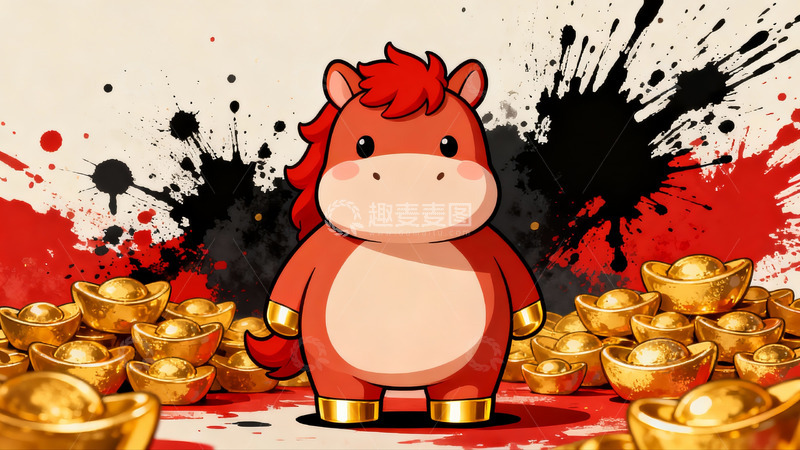 高清大图下载【趣麦麦图】卡通红马与金元宝财富象征