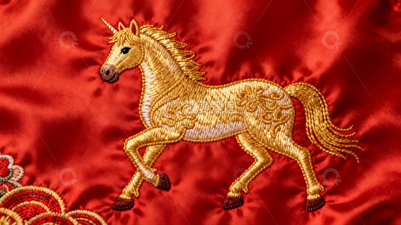 高清大图下载【趣麦麦图】红色布料上的金色马刺绣图案