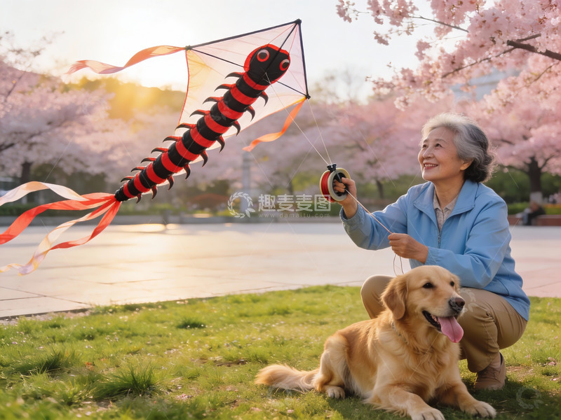 高清大图下载【趣麦麦图】老人放风筝与狗相伴
