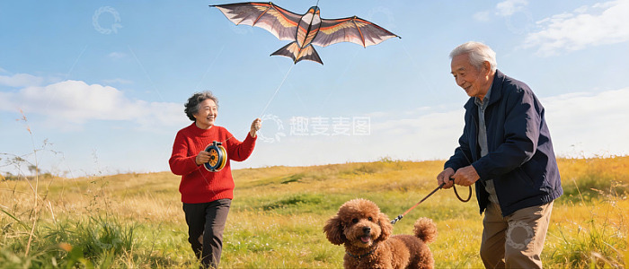 老年夫妇放风筝遛狗