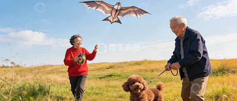 老年夫妇放风筝遛狗