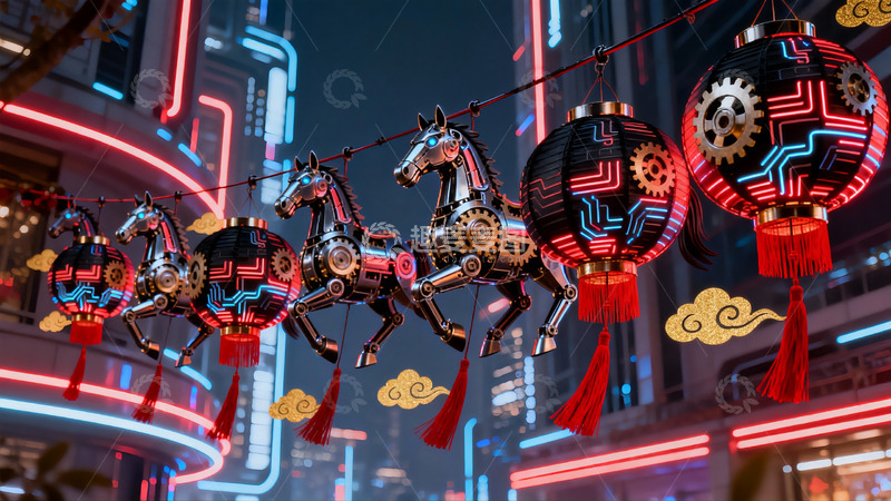 高清大图下载【趣麦麦图】未来科技风马形灯笼夜景