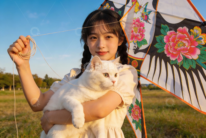 高清大图下载【趣麦麦图】少女怀猫放风筝
