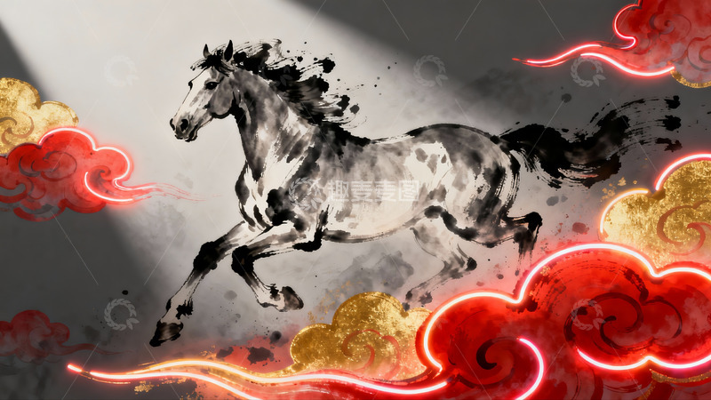 高清大图下载【趣麦麦图】水墨奔马云霞图